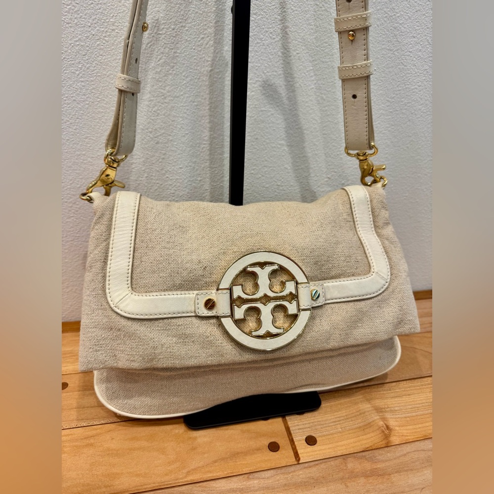 Tory Burch Amanda Foldover Crossbody Bag in Light Beige Canvas